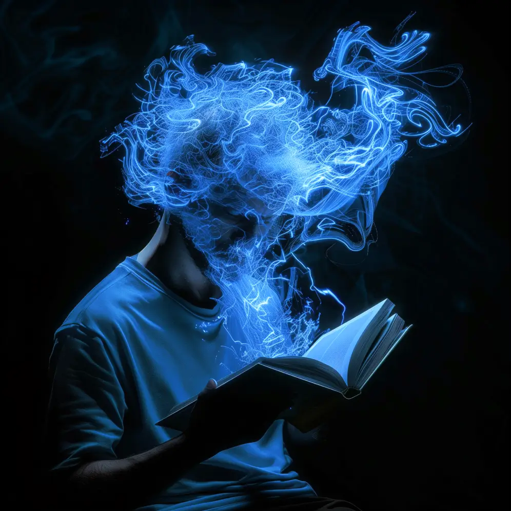 guy reading a book with knowledge enteryng his head